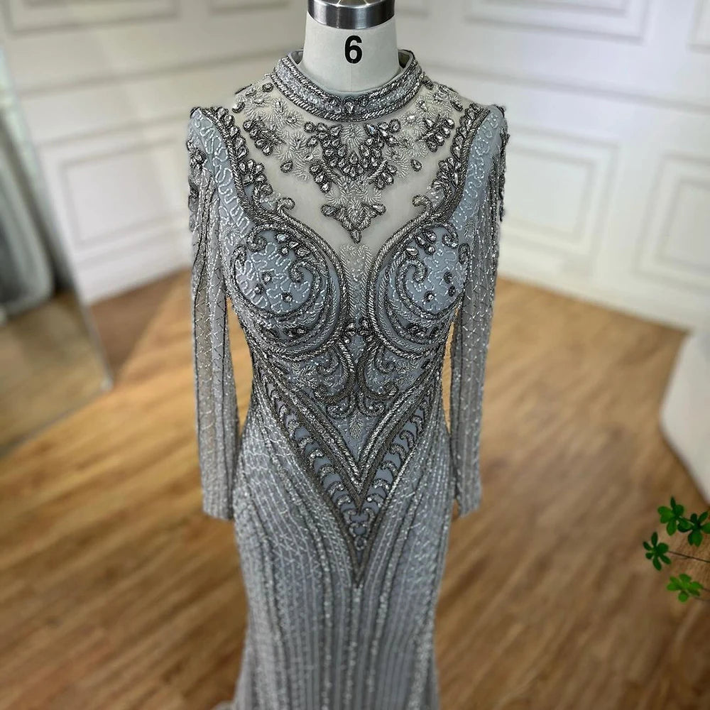 Serene Hill Dubai Gray Mermaid Elegant Lace Crystal Beaded Luxury Evening Dresses Gowns For Women Wedding Party 2025 LA72516 - SERENE HILL