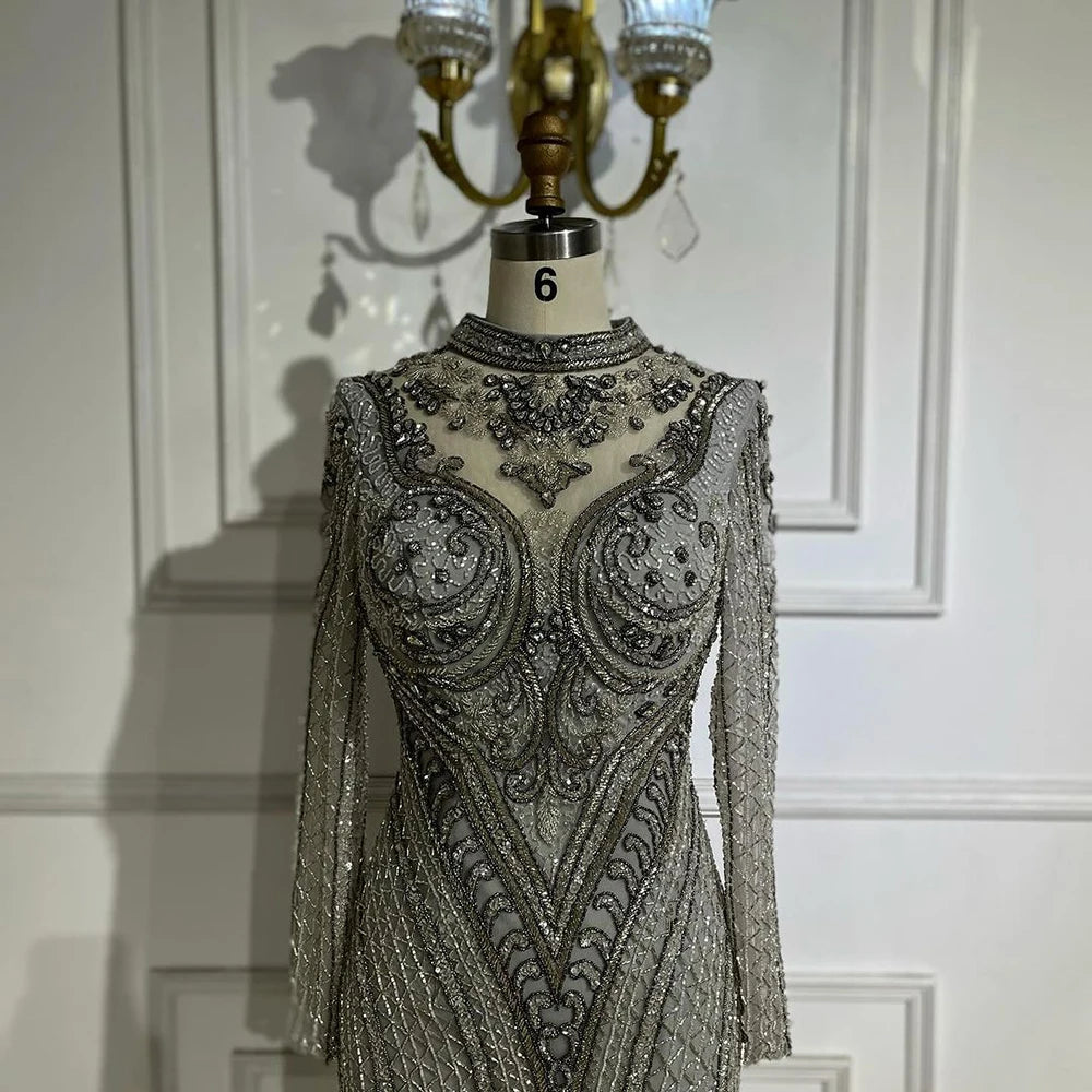 Serene Hill Dubai Gray Mermaid Elegant Lace Crystal Beaded Luxury Evening Dresses Gowns For Women Wedding Party 2025 LA72516 - SERENE HILL