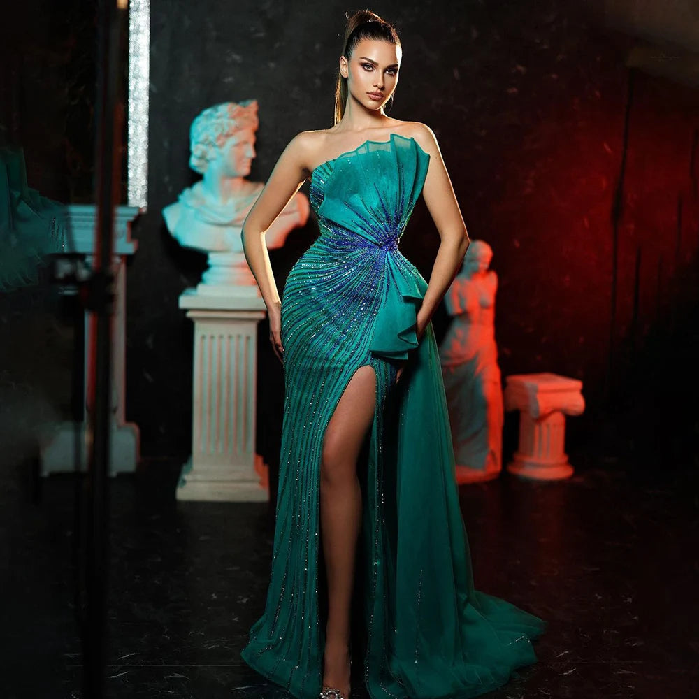 prom dresses 2025 green Serene Hill Dubai Beaded Mermaid High Split Evening Gowns For Women Wedding Party LA72090 Green / 8 Color:Sun Fall Workwear Capsule: 14 Crafted from high Court