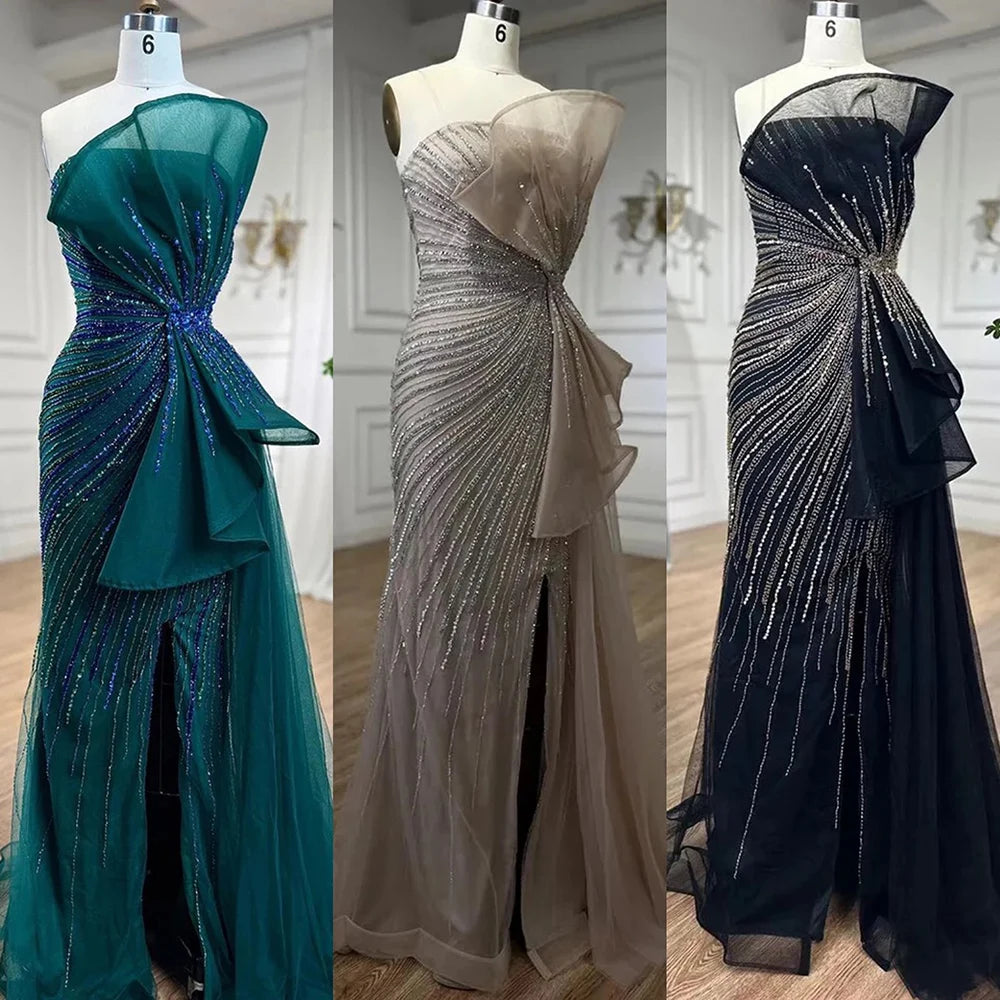 Serene Hill Dubai Green Beaded Mermaid High Split Evening Gowns 2025 Prom Dresses For Women Wedding Party LA72090 - SERENE HILL