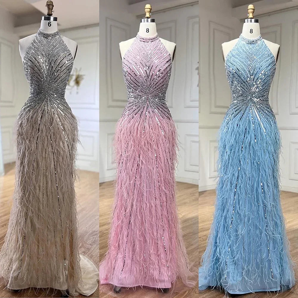 Feathers Mermaid Silver Gray Evening Dress Formal Party Gown LA70623A - SERENE HILL