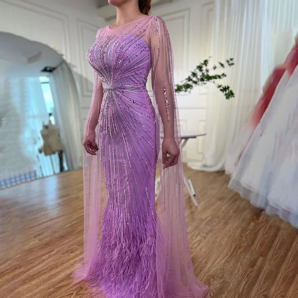 Luxury Lilac Feathers Evening Dresses with Cape Sleeves LA72036 - SERENE HILL