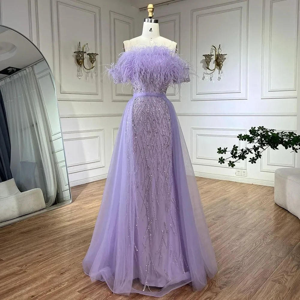 Dubai Luxury Beaded Blue Mermaid Evening Dress Gown with Overskirt LA71634 - SERENE HILL