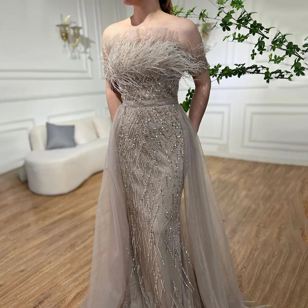 Dubai Luxury Beaded Blue Mermaid Evening Dress Gown with Overskirt LA71634 - SERENE HILL