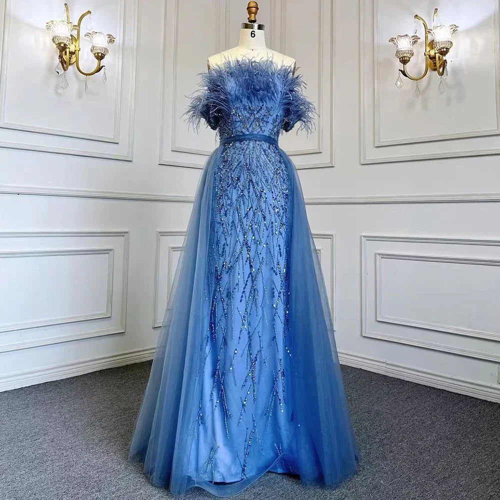 Dubai Luxury Beaded Blue Mermaid Evening Dress Gown with Overskirt LA71634 - SERENE HILL