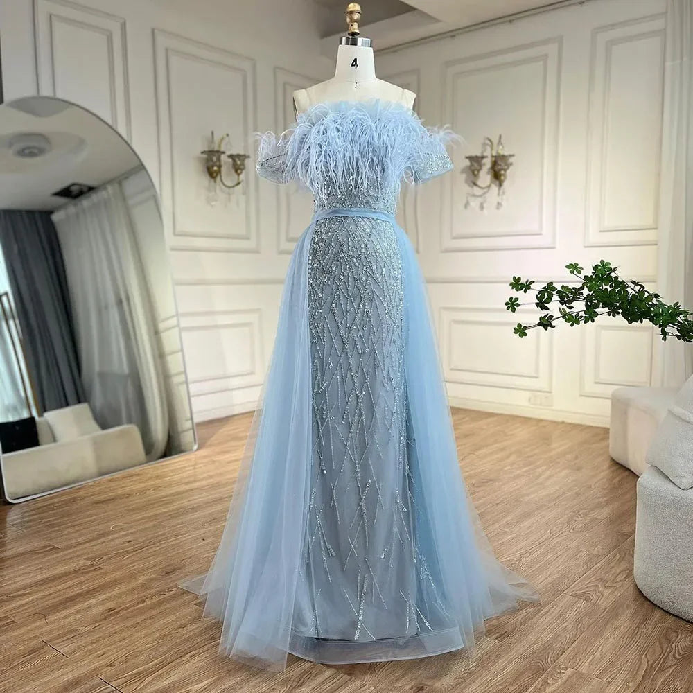 Dubai Luxury Beaded Blue Mermaid Evening Dress Gown with Overskirt LA71634 - SERENE HILL