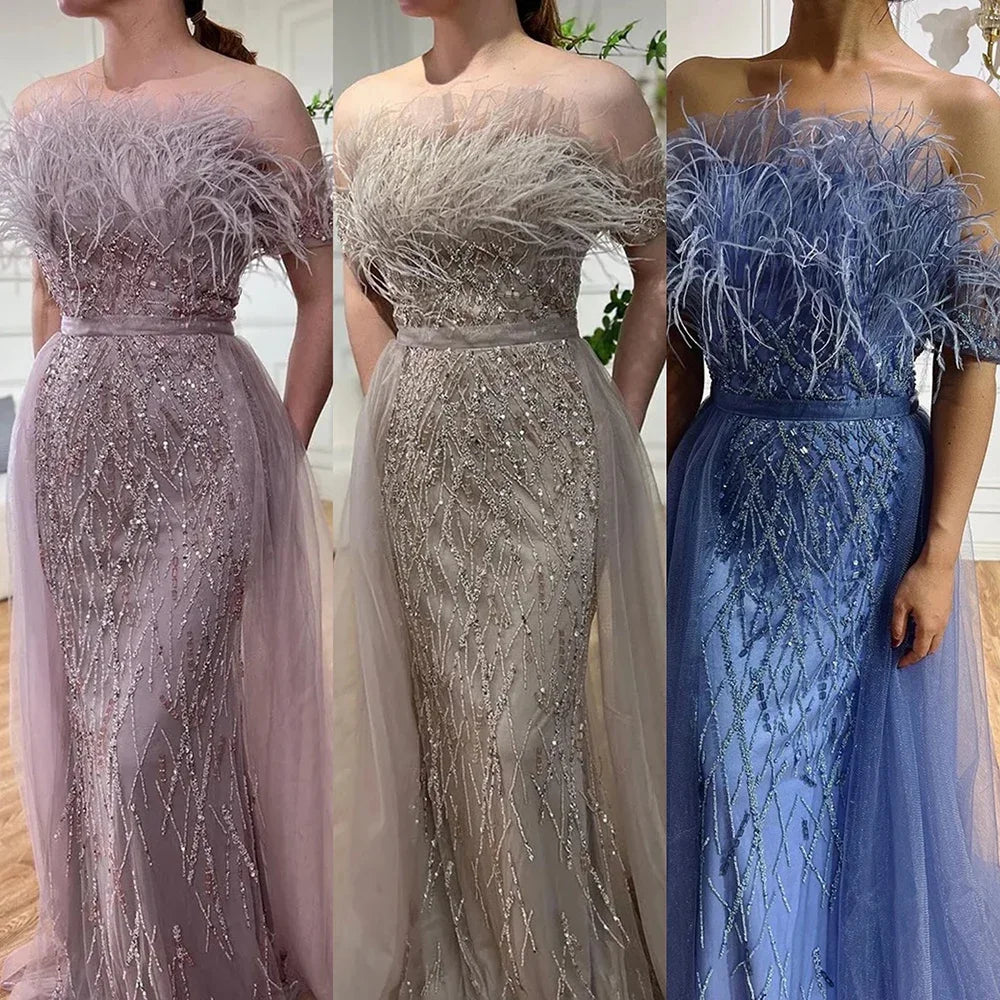 Dubai Luxury Beaded Blue Mermaid Evening Dress Gown with Overskirt LA71634 - SERENE HILL