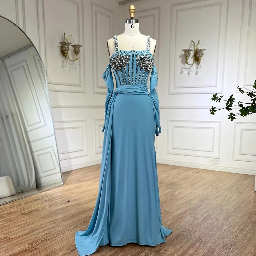 Serene Hill Dubai Luxury Evening Gown 2025 Blue High Split Mermaid Spaghetti Strap Gloves Perfect for Wedding Parties LA72366 - SERENE HILL