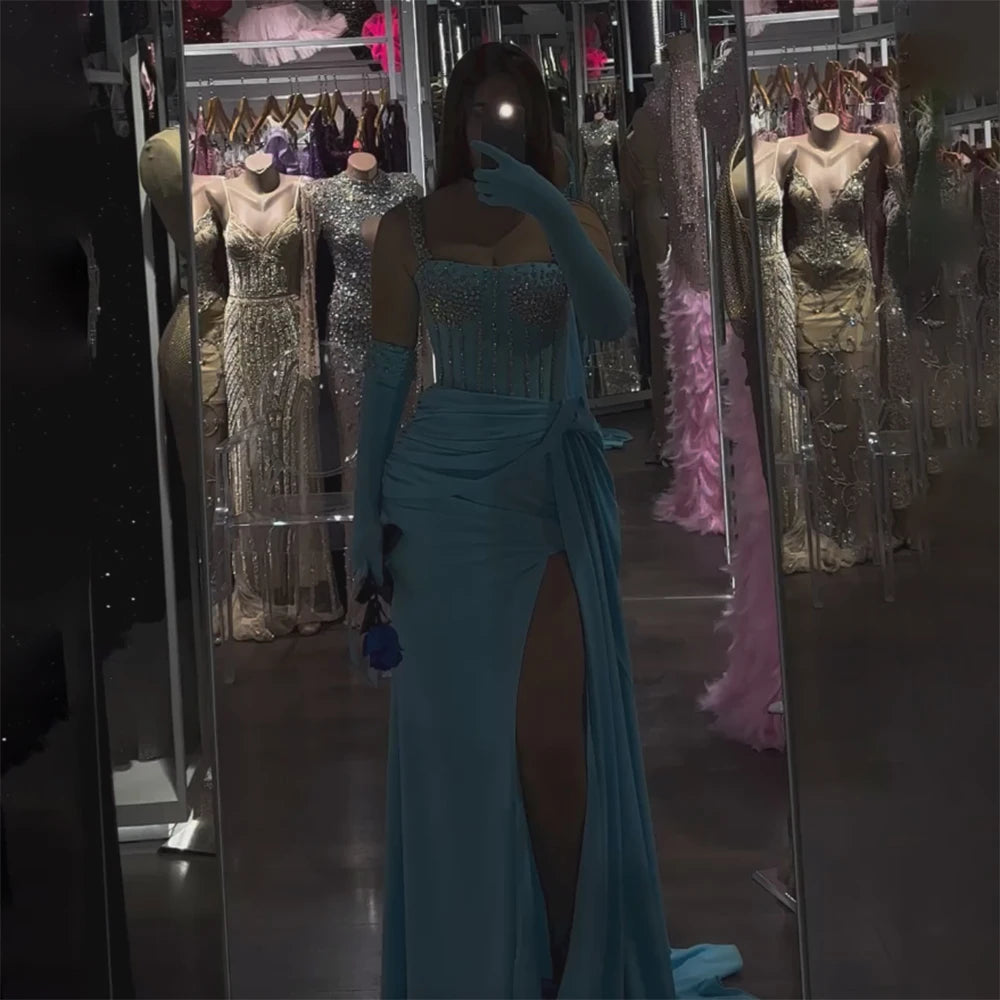 Serene Hill Dubai Luxury Evening Gown 2025 Blue High Split Mermaid Spaghetti Strap Gloves Perfect for Wedding Parties LA72366 - SERENE HILL