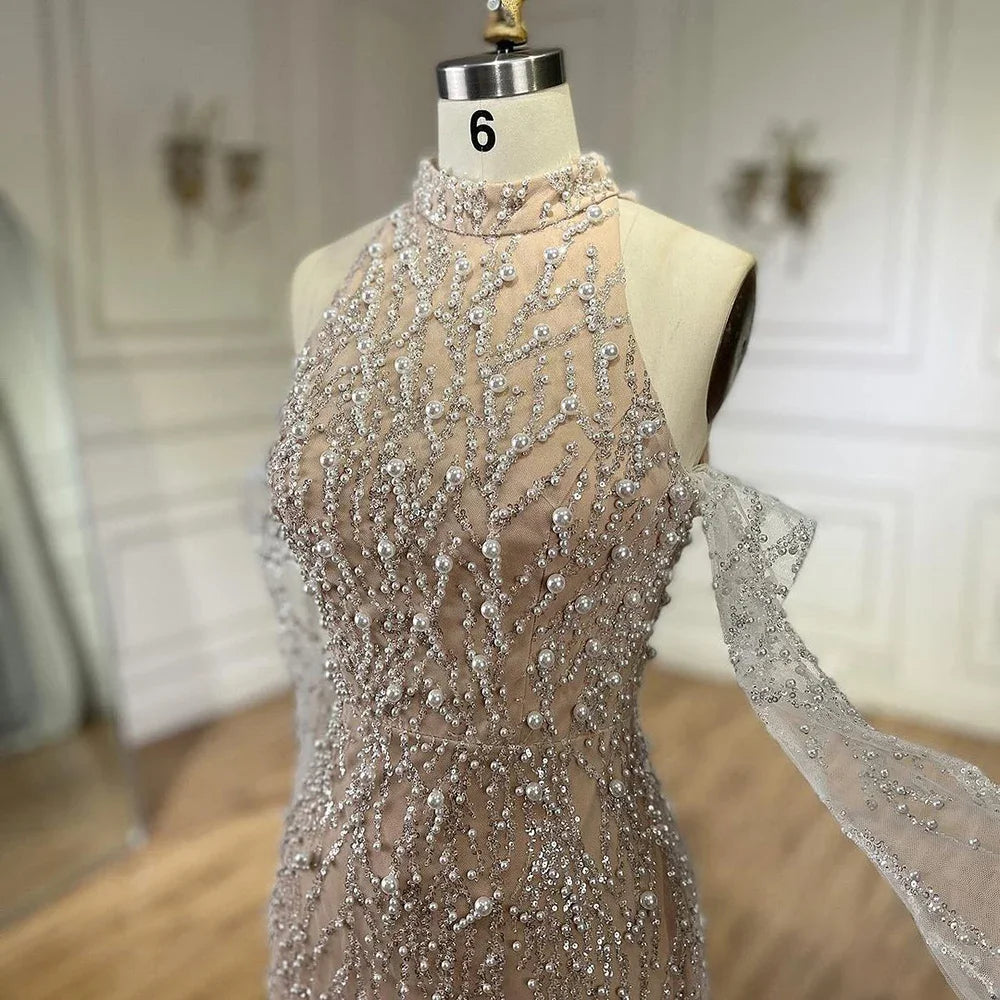 Luxury Beaded Nude Evening Dress with Gloves LA72345 - SERENE HILL