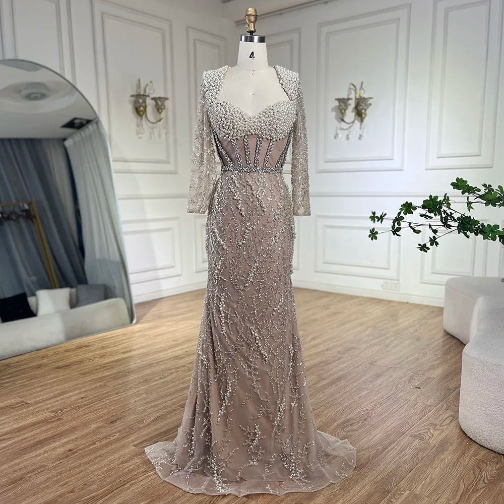 Serene Hill Dubai Luxury Pearls Beaded Nude Elegant Arabic Mermaid Evening Dress for Women - Wedding Party 2025 LA72361 - SERENE HILL