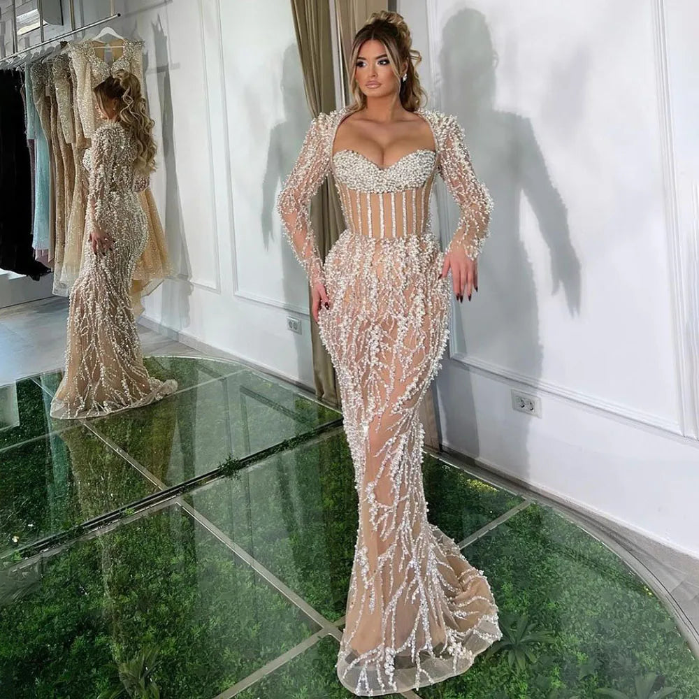 Serene Hill Dubai Luxury Pearls Beaded Nude Elegant Arabic Mermaid Evening Dress for Women - Wedding Party 2025 LA72361 - SERENE HILL