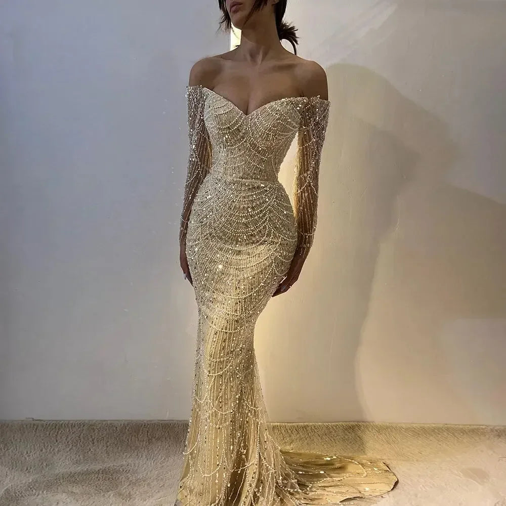 Elegant Off the Shoulder Mermaid Luxury Dubai Evening Dress for Party LA72243 - SERENE HILL