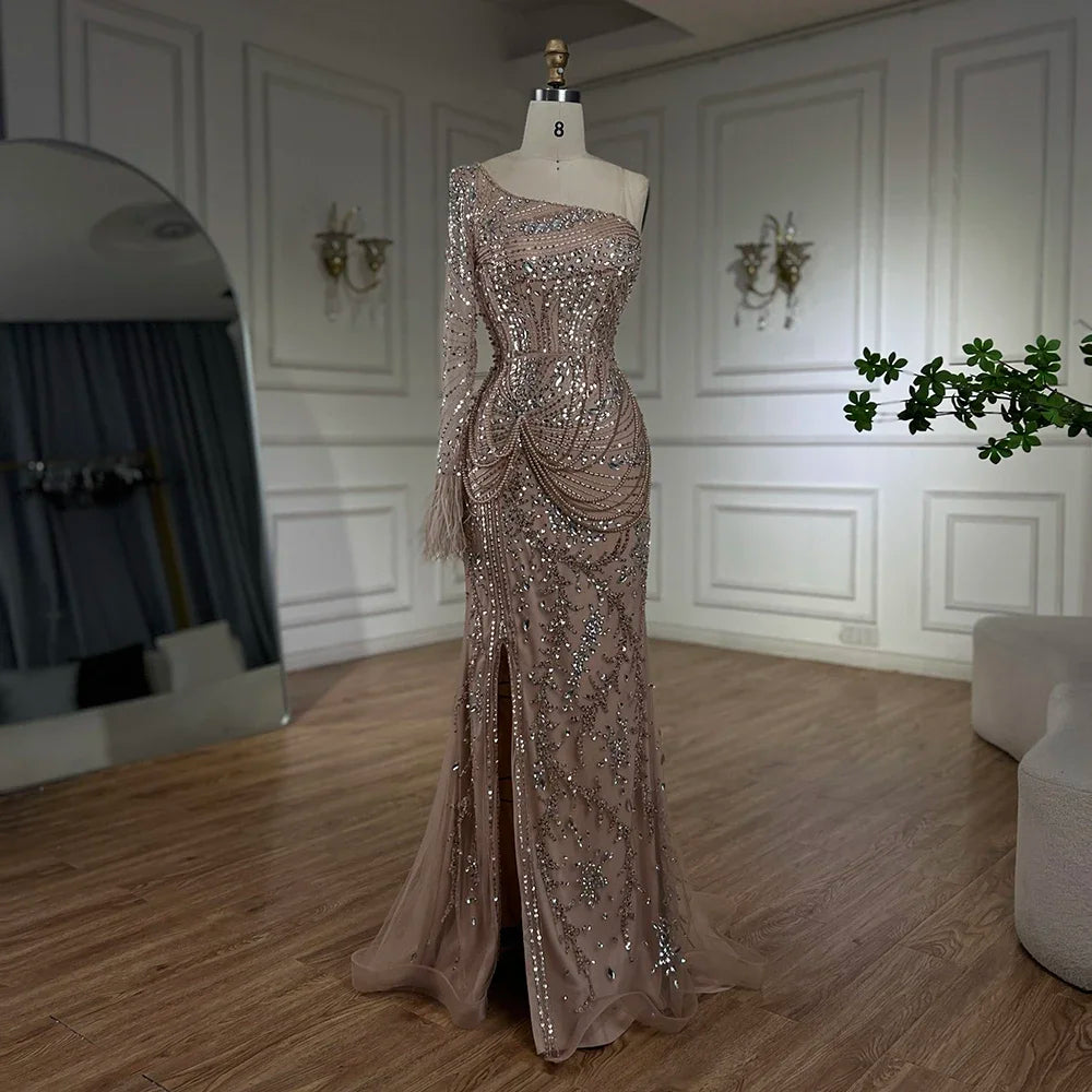 Luxury Nude One Shoulder Beaded Feather Mermaid Evening Dress LA72353 - SERENE HILL