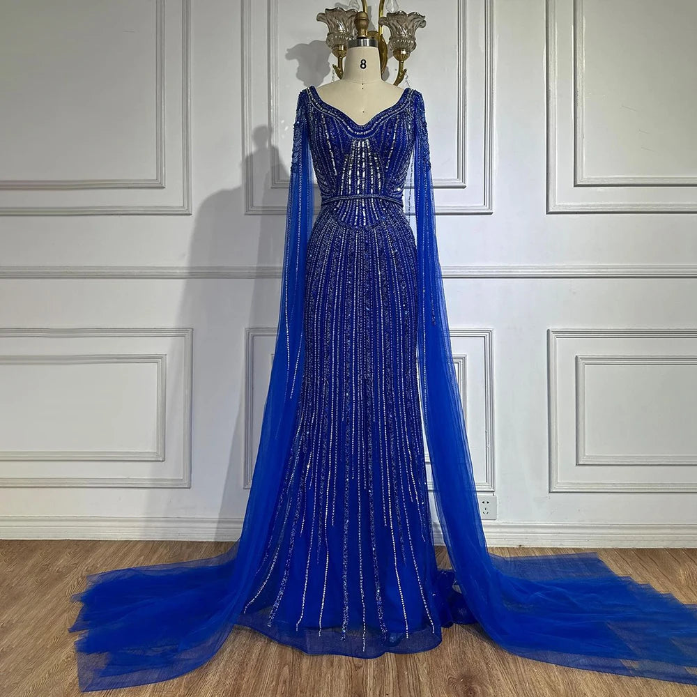 Serene Hill Dubai Royal Blue Elegant Cape Sleeves Beaded Arabic Luxury Evening Dresses Gowns for Women Party 2025 LA72502 - SERENE HILL