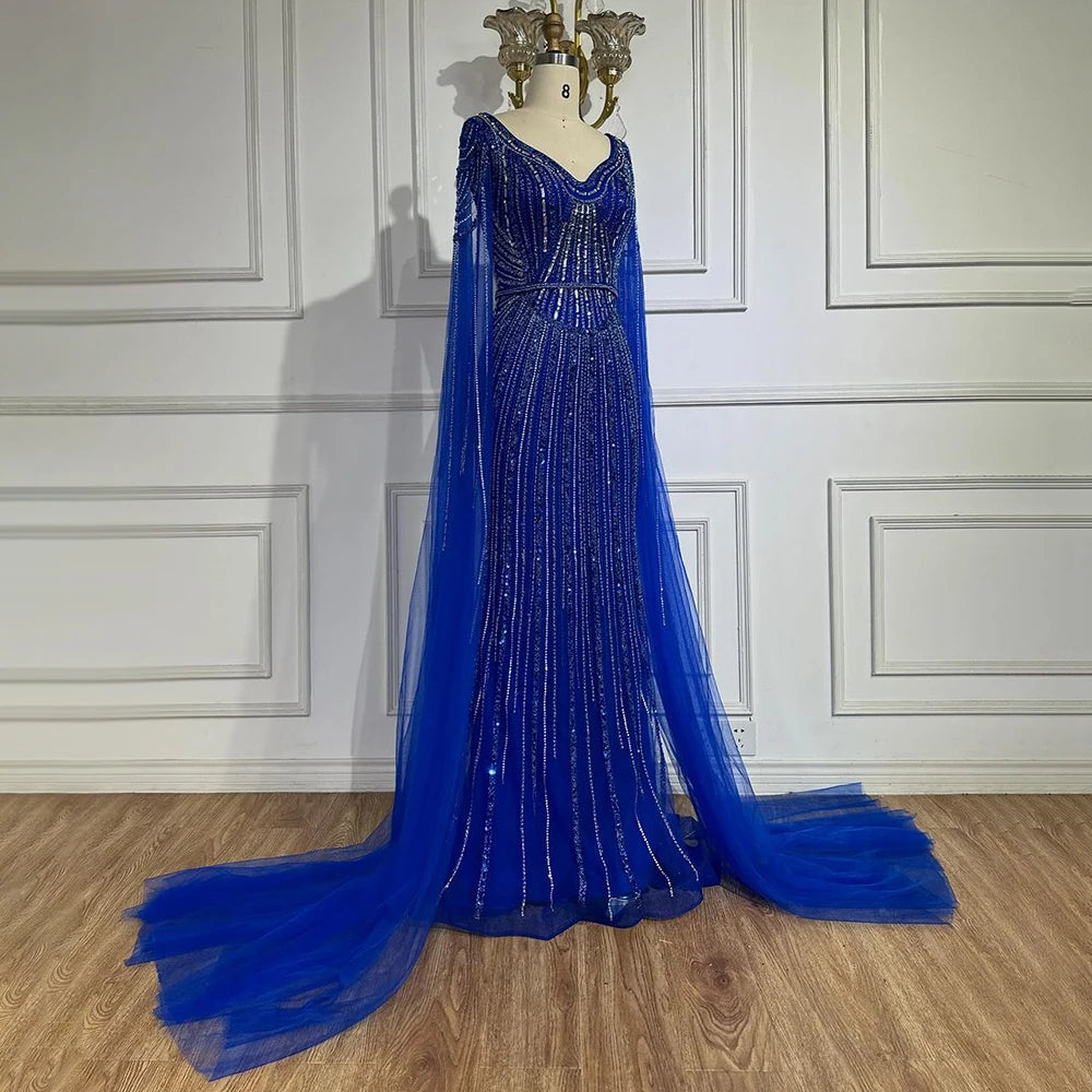 Serene Hill Dubai Royal Blue Elegant Cape Sleeves Beaded Arabic Luxury Evening Dresses Gowns for Women Party 2025 LA72502 - SERENE HILL