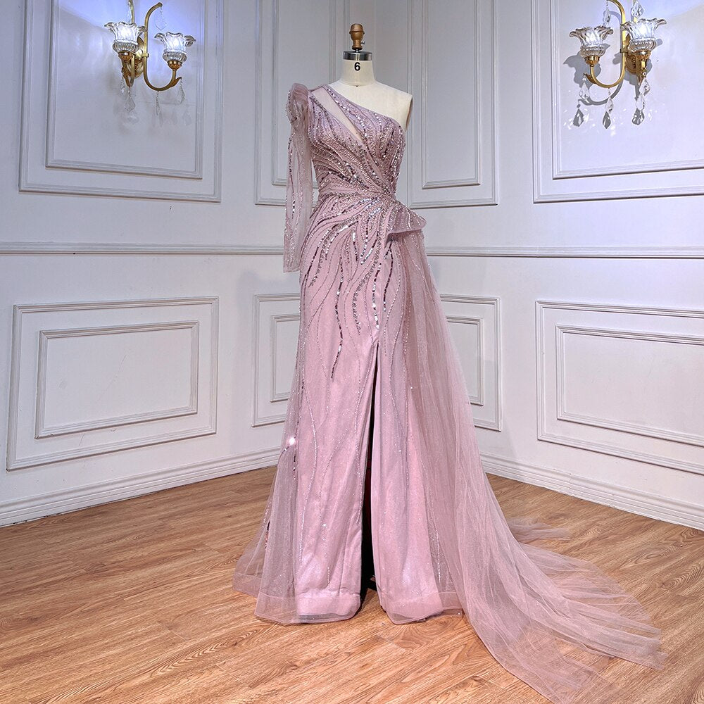 One Shoulder Mermaid Pink Evening Dresses with Overskirt LA72062 - SERENE HILL
