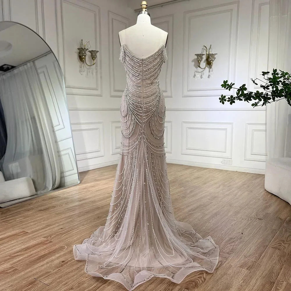 Luxury Crystal Silver Gray Pearl Beaded Evening Dress LA72253 - SERENE HILL