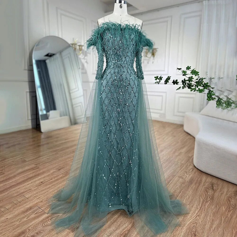Serene Hill Dubai turquoise Feathers Beaded Mermaid Elegant Evening Dr SERENE HILL Serene Hill Dubai turquoise Feathers Beaded Mermaid Elegant Evening Dr SERENE HILL