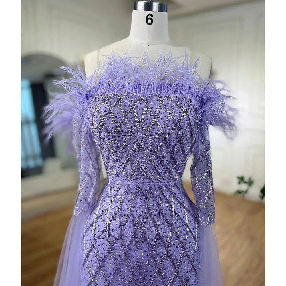 Serene Hill Dubai turquoise Feathers Beaded Mermaid Elegant Evening Dresses Gowns 2025 For Women Wedding Party LA72169 - SERENE HILL