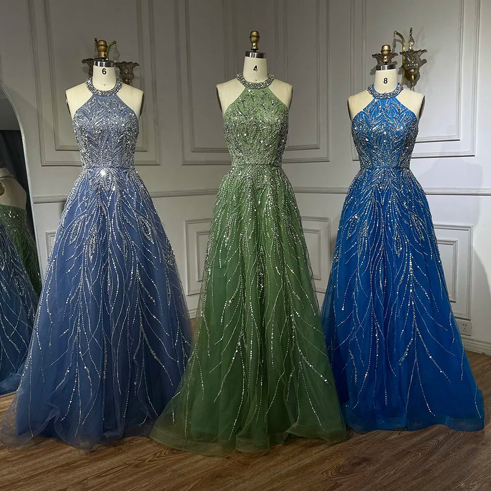 Serene Hill Elegant Blue Arabic A-line Halter Gown Luxury Dubai Evening Dress for Women Wedding Party 2025 LA72302 - SERENE HILL