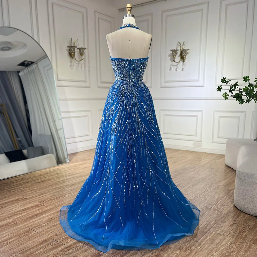 Serene Hill Elegant Blue Arabic A-line Halter Gown Luxury Dubai Evening Dress for Women Wedding Party 2025 LA72302 - SERENE HILL