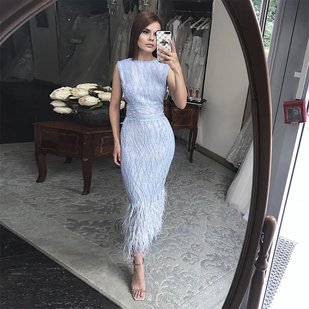 Elegant Arabic Black & White Feather Midi Evening Dresses LA72076 - SERENE HILL