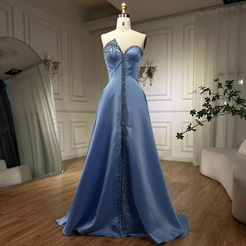 Elegant Blue Satin Arabic Evening Dress Luxury Crystal Side Slit LA71847 - SERENE HILL