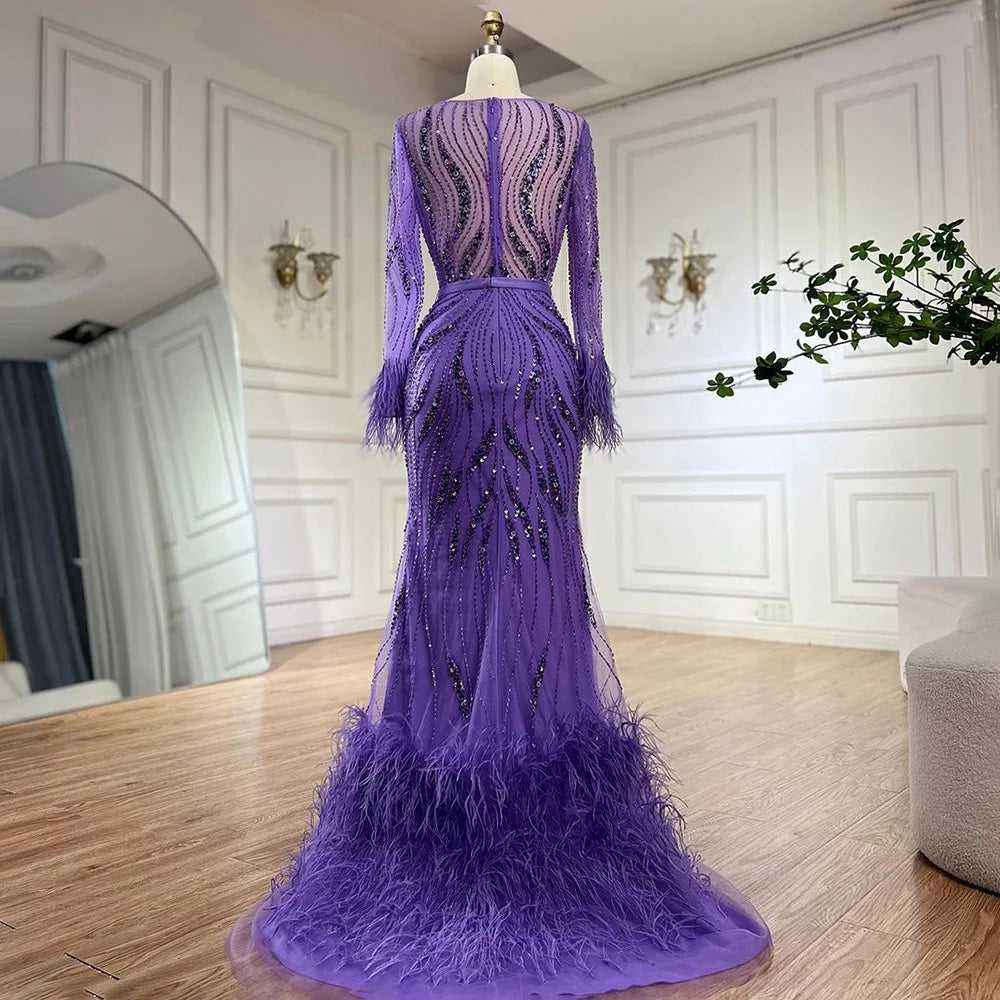 Serene Hill Elegant Mermaid Evening Dress Arabic Purple Beaded Feathers | Luxury Gown for Women&
