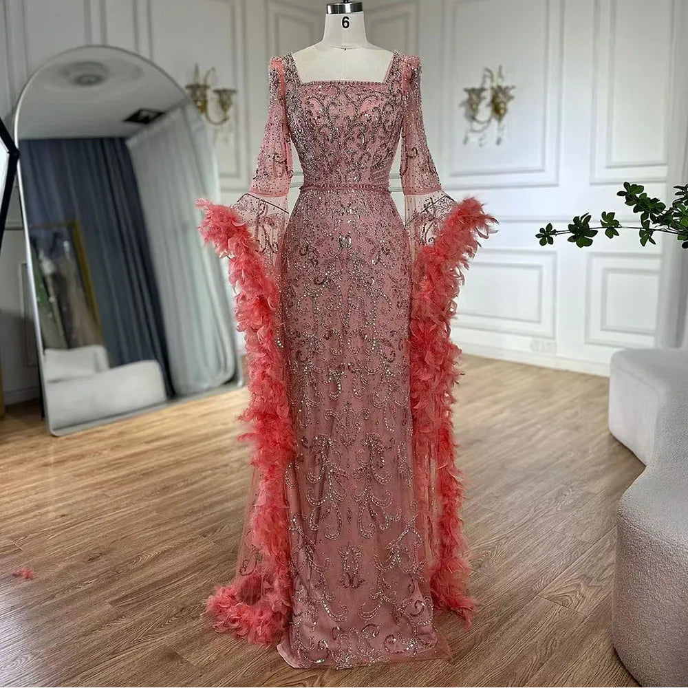 Luxury Turquoise Beaded Mermaid Evening Dress with Flared Sleeves and Feathers LA72767 - SERENE HILL