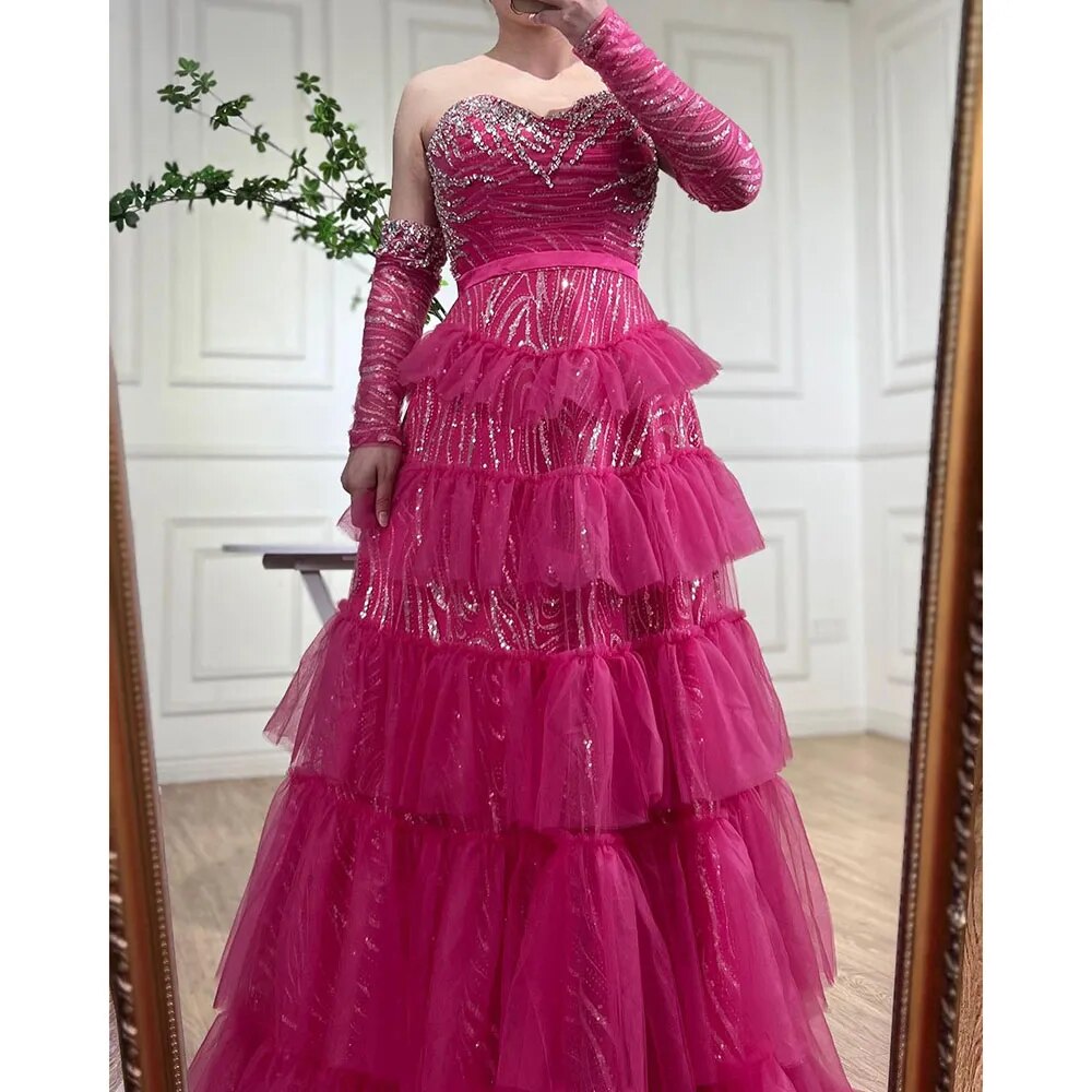 Serene Hill Fuchsia A Line Elegant Sweetheart Off Shoulder Tiered Beaded Evening Dresses Prom Gowns For Women Party 2025 LA72035 - SERENE HILL
