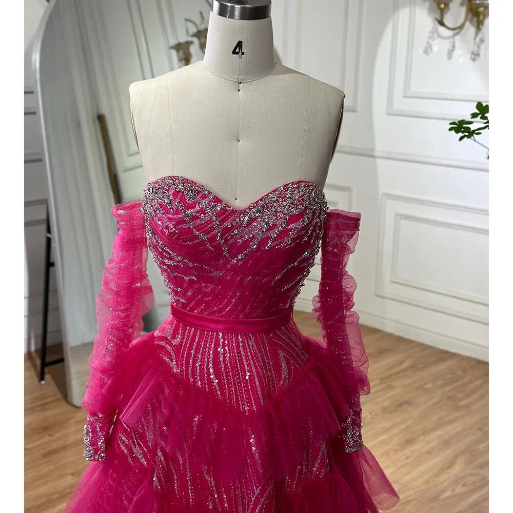 Serene Hill Fuchsia A Line Elegant Sweetheart Off Shoulder Tiered Beaded Evening Dresses Prom Gowns For Women Party 2025 LA72035 - SERENE HILL