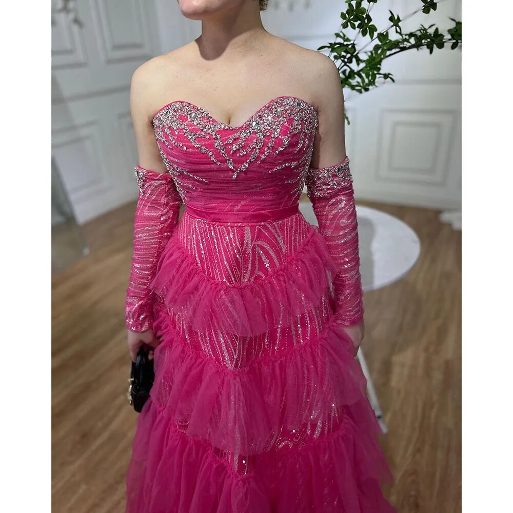 Serene Hill Fuchsia A Line Elegant Sweetheart Off Shoulder Tiered Beaded Evening Dresses Prom Gowns For Women Party 2025 LA72035 - SERENE HILL