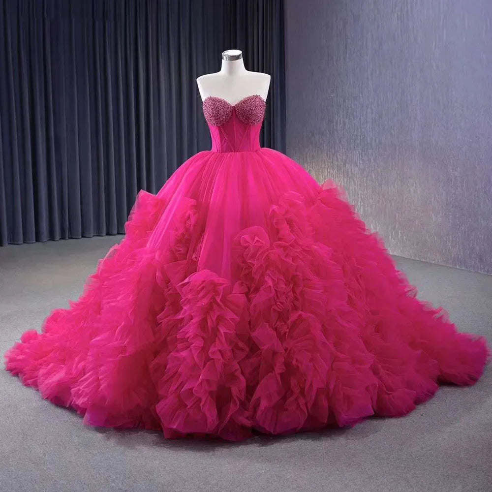Serene Hill Fuchsia Elegant Boat Neck Lace Up Pearls Beaded Luxury Bride Gowns Wedding Dress 2025 High End Custom Made HM231108 - SERENE HILL