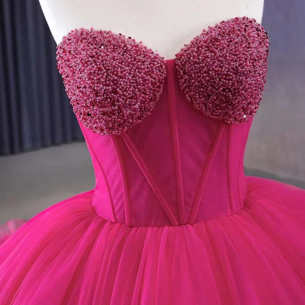 Serene Hill Fuchsia Elegant Boat Neck Lace Up Pearls Beaded Luxury Bride Gowns Wedding Dress 2025 High End Custom Made HM231108 - SERENE HILL