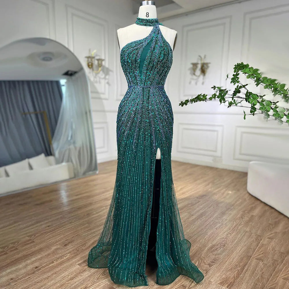 Fuchsia Halter Sleeveless Beaded Mermaid High Split Evening Dress Gown LA72092 - SERENE HILL