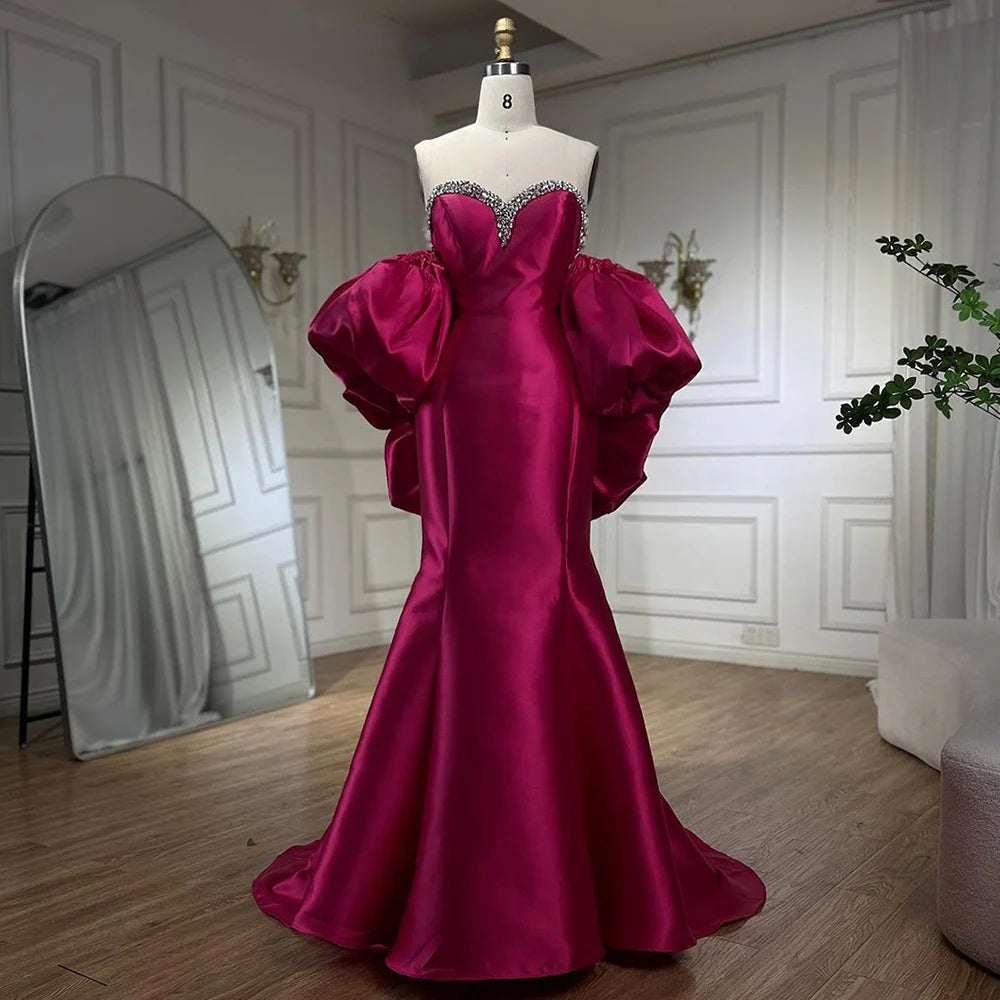 Serene Hill Fuchsia Mermaid Mikado Satin Balloon Sleeevs Evening Dresses Gowns For Women Wedding Party 2025 LA71923 - SERENE HILL