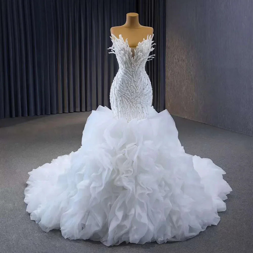 Fuchsia Lace Up Pearls Beaded Luxury Mermaid Bride Wedding Dress HM231040 - SERENE HILL
