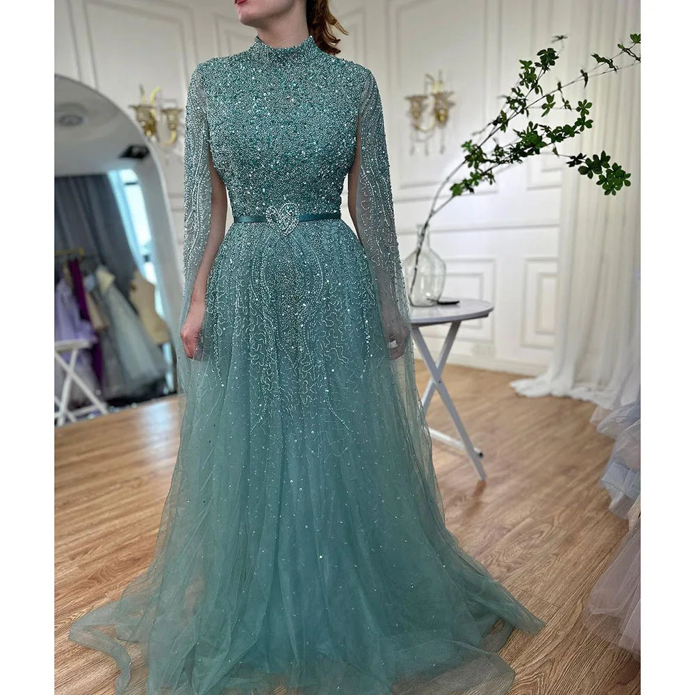 Luxury Blue A-Line High Neck Beaded Evening Dress with Cape Sleeves LA70066B - SERENE HILL