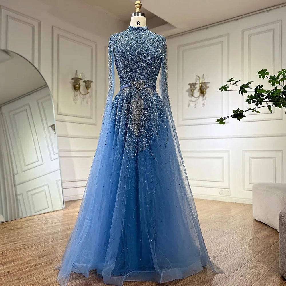 Luxury Blue A-Line High Neck Beaded Evening Dress with Cape Sleeves LA70066B - SERENE HILL