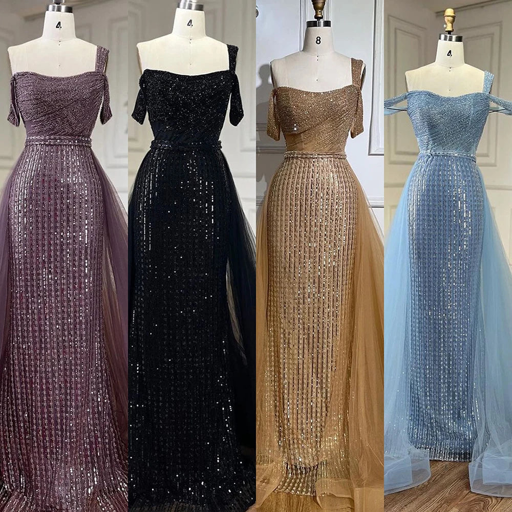 Serene Hill Gold Mermaid Elegant One Shoulder Overskirt Beaded Luxury Evening Dresses Gowns 2025 For Women Wedding Party LA72453 - SERENE HILL