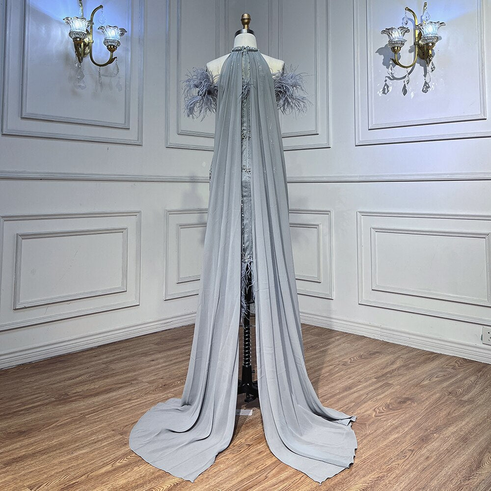 Serene Hill Gray Beaded Arabic Midi Ankle Length Evening Dresses With Cape Feather Gowns 2025 For Women Wedding Party LA72060 - SERENE HILL