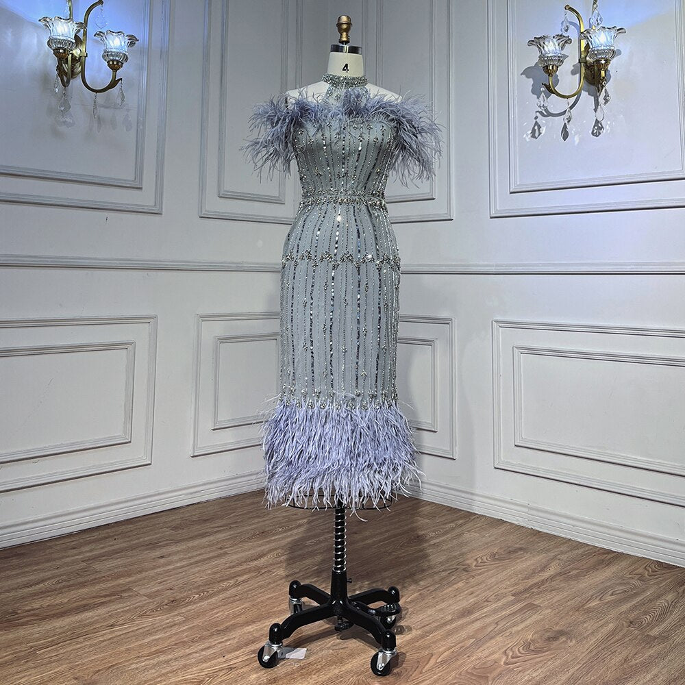 Serene Hill Gray Beaded Arabic Midi Ankle Length Evening Dresses With Cape Feather Gowns 2025 For Women Wedding Party LA72060 - SERENE HILL