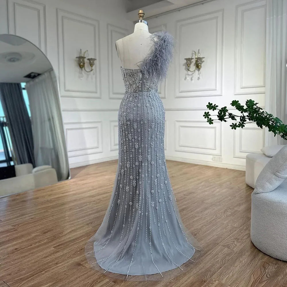 Luxury Gray One Shoulder Mermaid Beaded Feather Evening Dress LA72347 - SERENE HILL