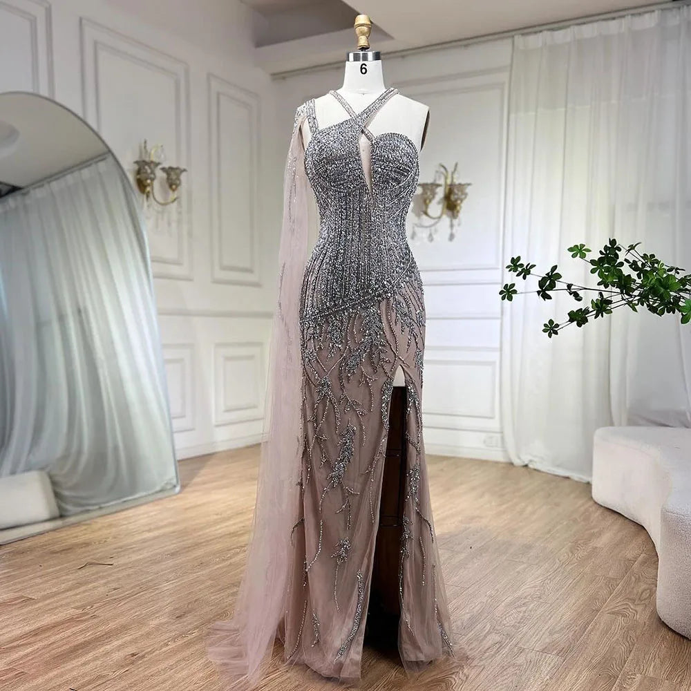 Serene Hill Gray Nude One-Shoulder Cape Sleeves Mermaid Evening Dress –  SERENE HILL