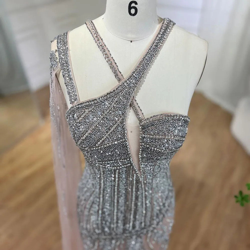 Serene Hill Gray Nude One-Shoulder Cape Sleeves Mermaid Evening Dress High Split Beaded Long Gown for Woman Party LA72368 - SERENE HILL