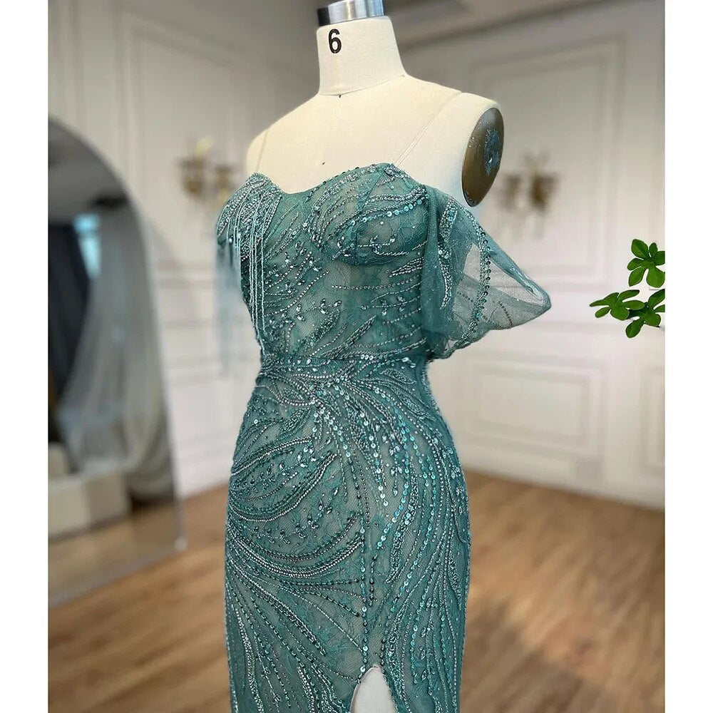 Serene Hill Green Luxury Mermaid Evening Dresses Gowns 2025 Cap Sleeves Beaded Elegant For Women Party LA71438 - SERENE HILL