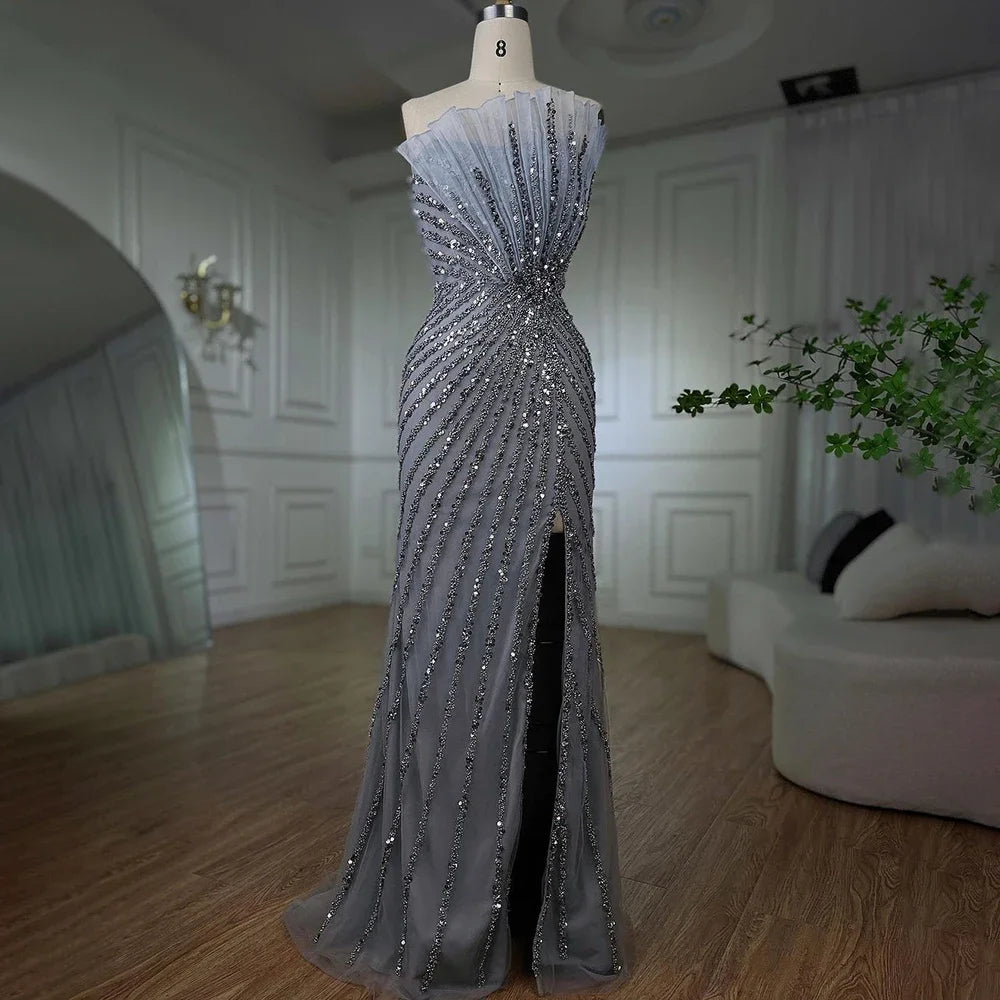 Serene Hill Green Mermaid High Split Off Shoulder Beaded Luxury Dubai Evening Dresses Gowns 2025 For Women Party LA72049 - SERENE HILL