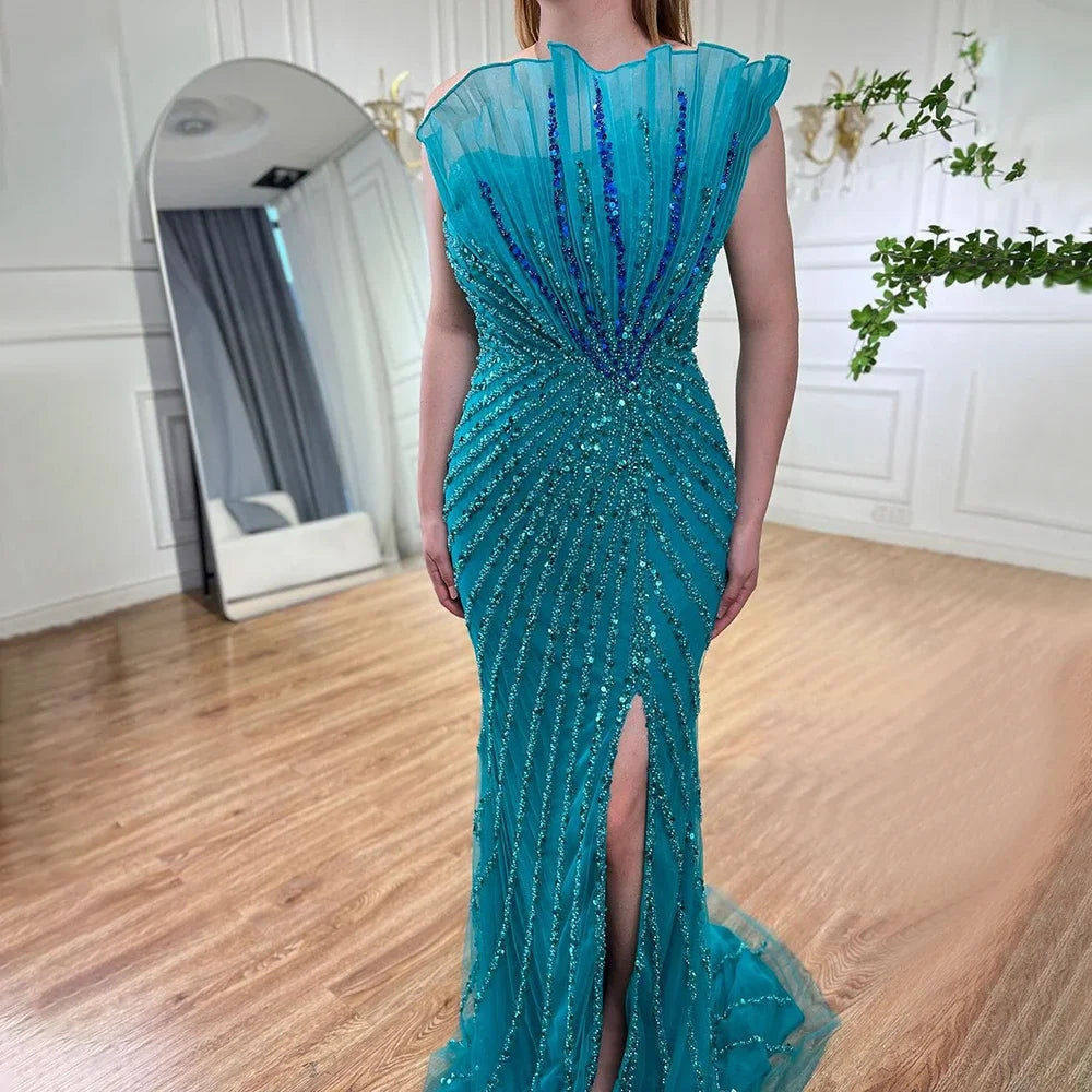 Serene Hill Green Mermaid High Split Off Shoulder Beaded Luxury Dubai Evening Dresses Gowns 2025 For Women Party LA72049 - SERENE HILL