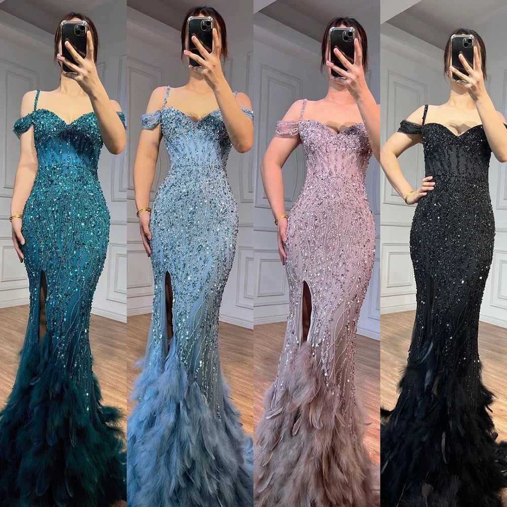 Green Mermaid Feathers Prom Dresses Wedding Evening Dress LA71650A - SERENE HILL
